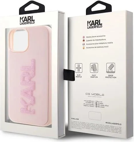 Mbështjellës Karl Lagerfeld 3D Rubber Glitter Logo për iPhone 15, Rozë - 2