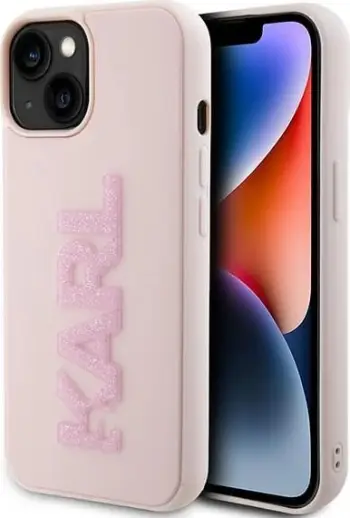 Mbështjellës Karl Lagerfeld 3D Rubber Glitter Logo për iPhone 15, Rozë