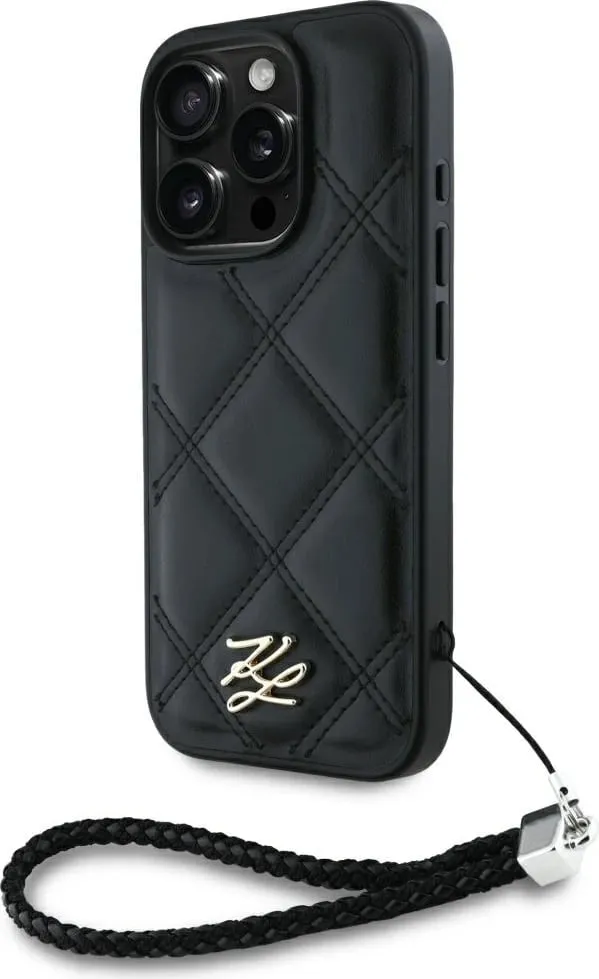 Mbështjellës Karl Lagerfeld Quilted Initial Logo & Chain Strap për iPhone 16 Pro Max, i zi - 1