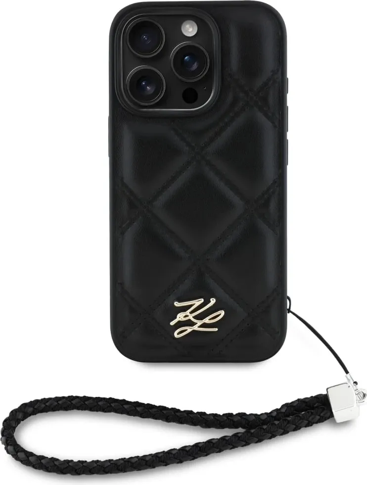 Mbështjellës Karl Lagerfeld Quilted Initial Logo & Chain Strap për iPhone 16 Pro Max, i zi - 2