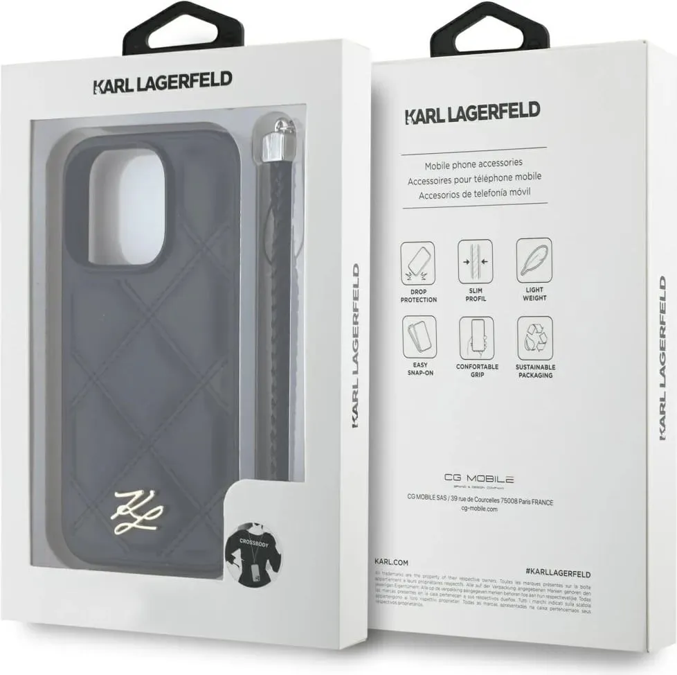 Mbështjellës Karl Lagerfeld Quilted Initial Logo & Chain Strap për iPhone 16 Pro Max, i zi - 7