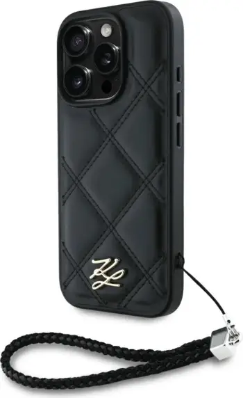 Mbështjellës Karl Lagerfeld Quilted Initial Logo & Chain Strap për iPhone 16 Pro Max, i zi