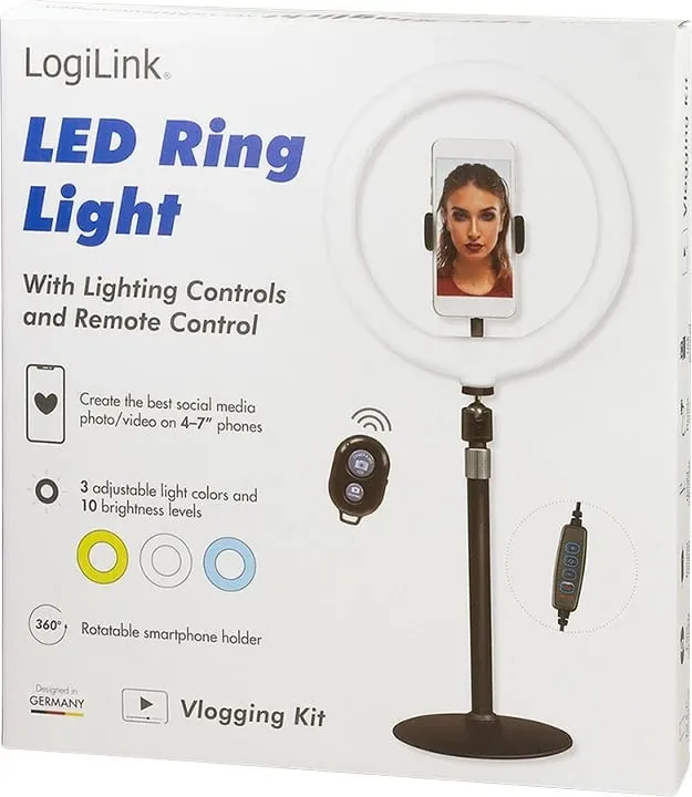 Dritë unazore LED LogiLink AA0152, mbajtës për celular, 700 lm, 17.8 cm, USB - 8