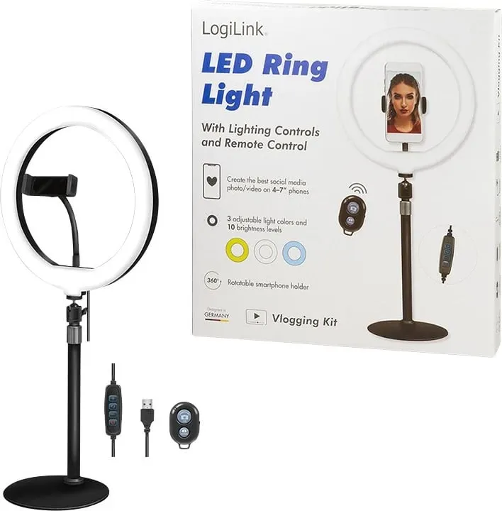 Dritë unazore LED LogiLink AA0152, mbajtës për celular, 700 lm, 17.8 cm, USB - 9
