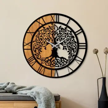 Orë muri dekorative prej druri, Wallity, ngjyrë arre dhe e zezë, 56cm