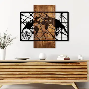 Aksesor dekorativ muri prej druri, hartë bote, Wallity, ngjyrë arre dhe e zezë, 57x64cm