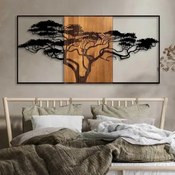 Aksesor dekorativ për mur, dru dhe metal, dizajn peme akacie, ngjyrë e zezë dhe arre, 147x3x70 cm