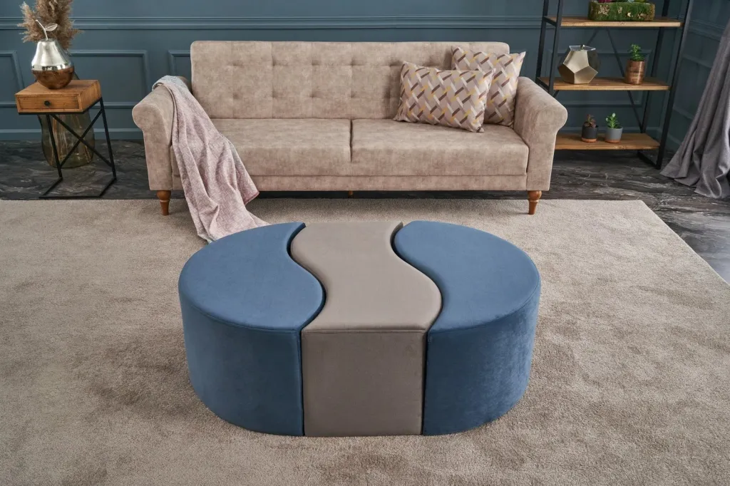 Puf modern Atelier del Sofa, Alya, ngjyrë kaltër dhe mink - 1