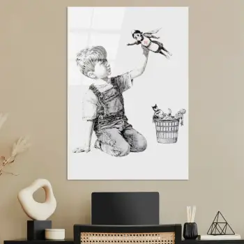 Pikturë dekorative prej xhami të temperuar, Banksy, shumëngjyrëshe, 45x65cm