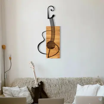 Aksesor dekorativ për mur, dru dhe metal, formë kitare, Wallity, ngjyrë e zezë dhe arre, 39x13cm