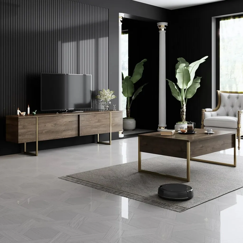 Set mobiljesh për dhomë dite, ngjyrë arre dhe ari, Luxe - 1