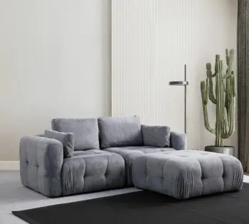 Kënd-sofë Amaris, 2 vendësh me pouffe, ngjyrë gri