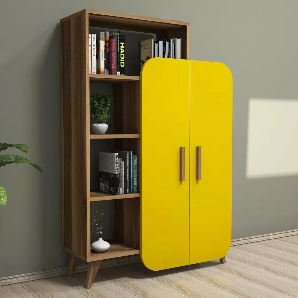 Raft librash Hanah Home, formë moderne, ngjyrë arrë dhe e verdhë - 1