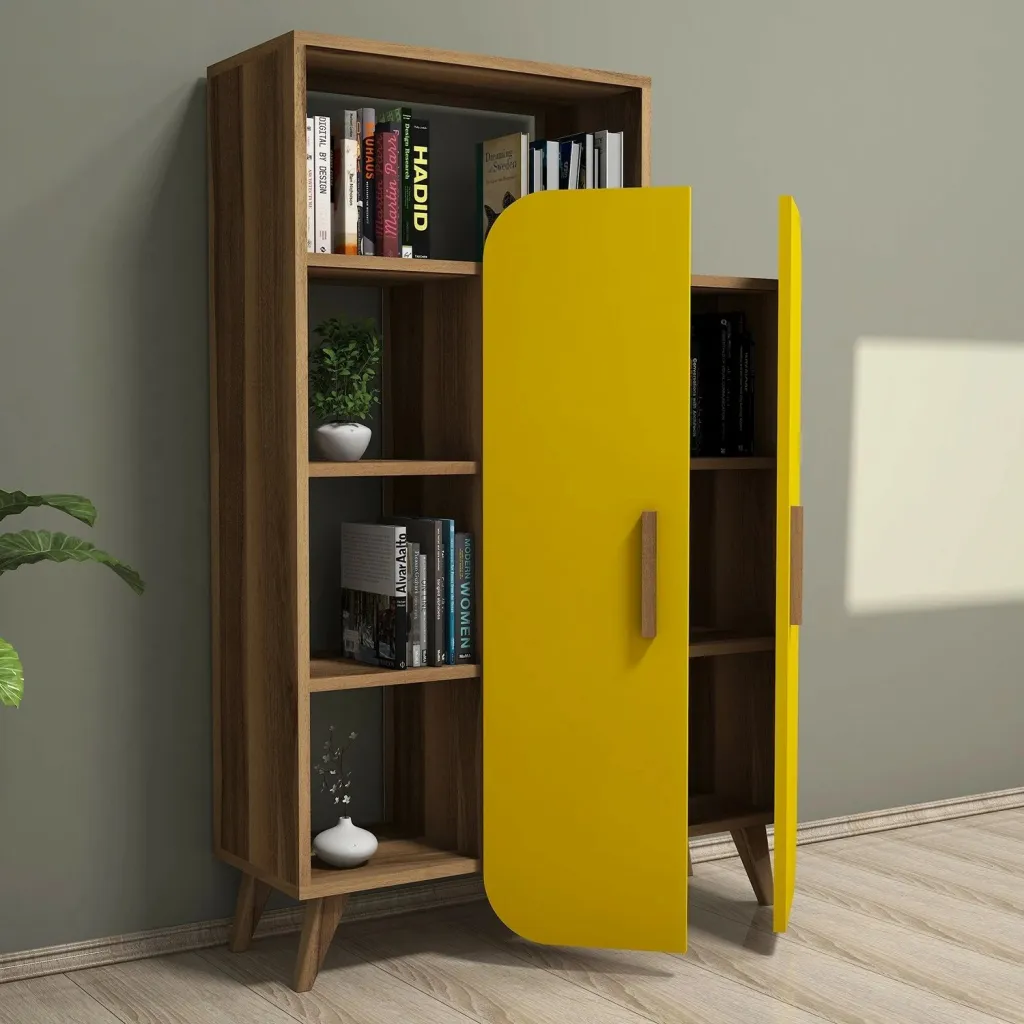 Raft librash Hanah Home, formë moderne, ngjyrë arrë dhe e verdhë - 2