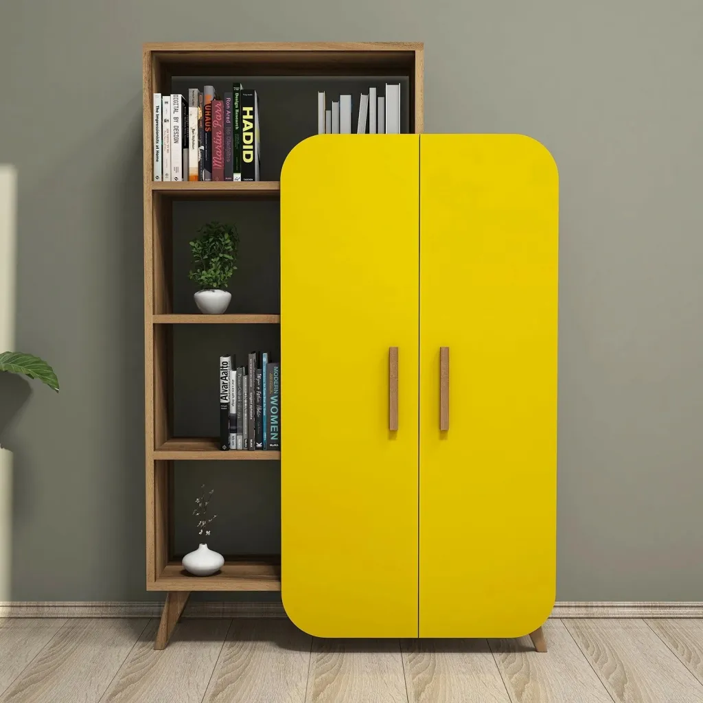 Raft librash Hanah Home, formë moderne, ngjyrë arrë dhe e verdhë - 3