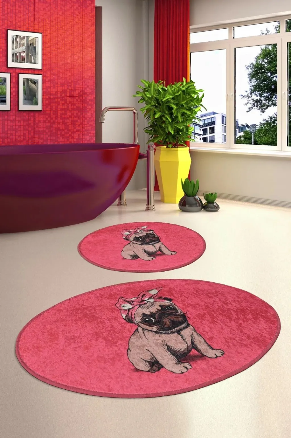 Set tapetash për banjo (2 copë), Mijölnir, ngjyrë rozë me qen Pug - 1