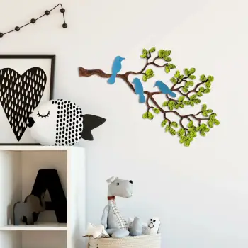 Aksesor dekorativ për mur, degë me zogj, ngjyra të gjelbra, blu e kafe, Tree 3
