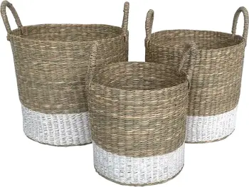 Set shporta Sifnos, 3 copë, kashtë deti, natyrale-bardhë, 33x33x39 cm