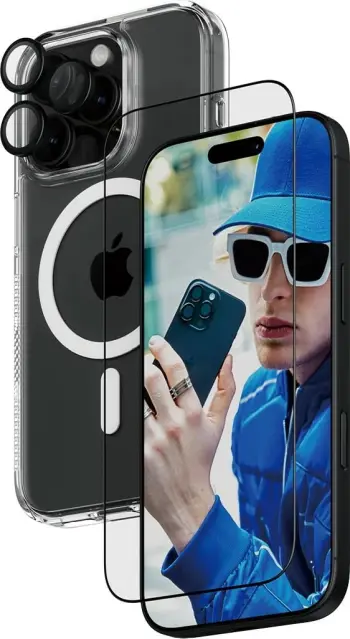 Set mbrojtës PanzerGlass 3 në 1 për iPhone 16 Pro, xham sigurie, mbrojtje e plotë, transparent