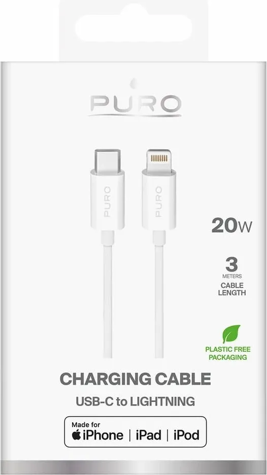 Kabllo Puro USB-C në Lightning 3m, 20W, e bardhë - 2