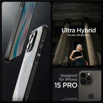 Mbrojtëse për celular Spigen Crystal Hybrid, për iPhone 15 Pro, e zezë