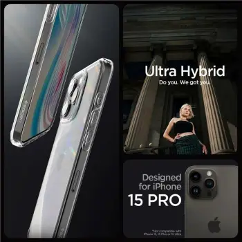 Mbështjellës Spigen Crystal Hybrid për iPhone 15 Pro, Transparent