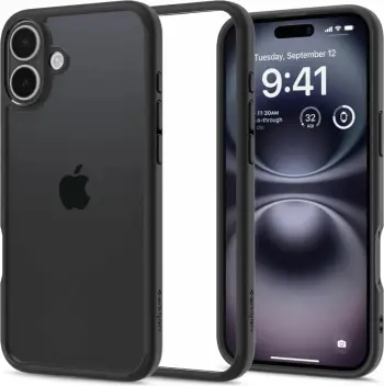 Mbulesë telefoni Spigen Ultra Hybrid për iPhone 16, transparente, kornizë matte e zezë