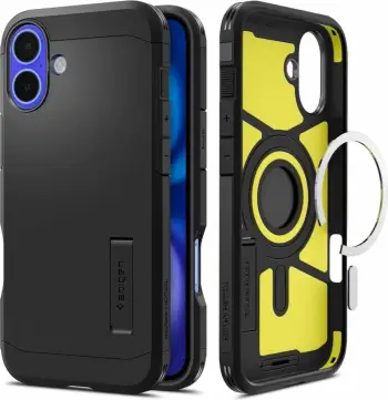 Maskë mbrojtëse Spigen Tough Armor MagSafe, për iPhone 16, këmbëz stand, e zezë