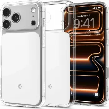 Mbështjellës Spigen Ultra Hybrid "T" MagSafe për iPhone 17 Pro/17 Pro Max, TPU+PC, skaje të ngritura, Air Cushion, me unazë magnetike MagSafe, Transparent/Bardhë