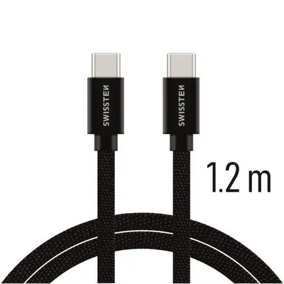Kabllo tekstili Swissten USB-C / USB-C, 1.2m, e zezë - 1
