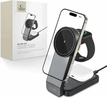 Karikues induktiv 3-në-1 Tech-Protect QI15W-A28 me MagSafe, për smartphone, Apple Watch dhe AirPods, i zi