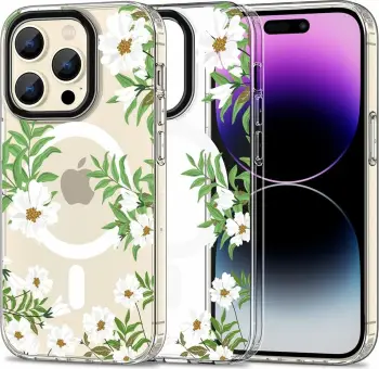 Mbështjellës Tech-Protect MagMood për iPhone 15 Pro, MagSafe, lule me gjethe, i bardhë/transparente