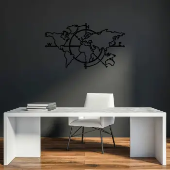 Aksesor dekorativ muri prej metali, hartë bote, Wallity, World Map 8, ngjyrë e zezë, 118x68cm