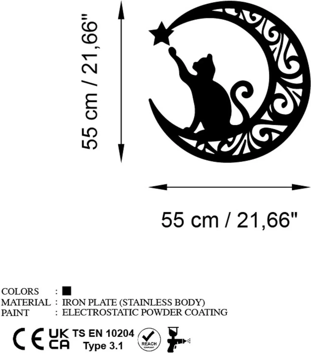 Aksesor dekorativ metalik për mur, mace, Wallity, 55x55cm - 6