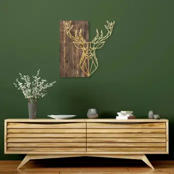 Aksesor dekorativ për mur, dru dhe metal, dizajn dreri, ngjyrë arre dhe ari, 56x58cm
