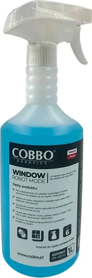 Lëng pastrimi për dritare Cobbo, 1L, për robotë dhe përdorim manual, Blu