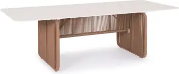 Tavolinë ngrënieje për jashtë, alumini, sipërfaqe sinterizuar, ngjyrë fildishi, thurje ratan, 240x100x73.5cm