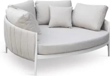 Daybed gjysmë-rrethore për dy persona, alumin, ngjyrë krem e bardhë, pëlhurë OLEFIN & rrip, 164x144x70cm