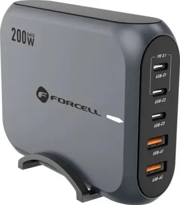 Karikues tavoline Forcell F-ENERGY GaN III VT-51, 3x USB-C, 2x USB-A, 200W, gri