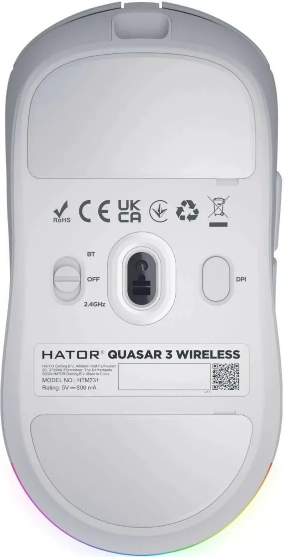Maus Hator Quasar 3 wireless, RGB, 12000 DPI, i bardhë - 5