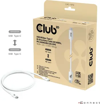 Kabllo USB Type-C Club3D 80Gbps, PD240W, 1.2m, e bardhë