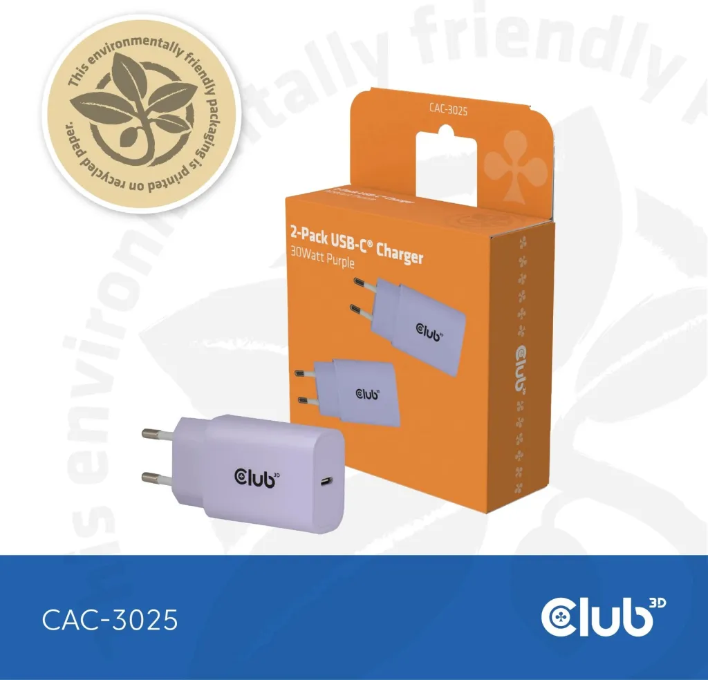 Karikues USB-C Club3D CAC-3025 30W, 2 copë, lila - 1