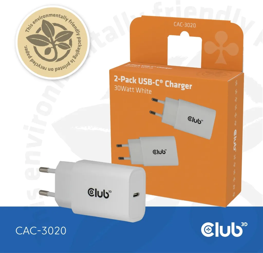 Karikues USB-C Club3D CAC-3020 30W, 2 copë, i bardhë - 1
