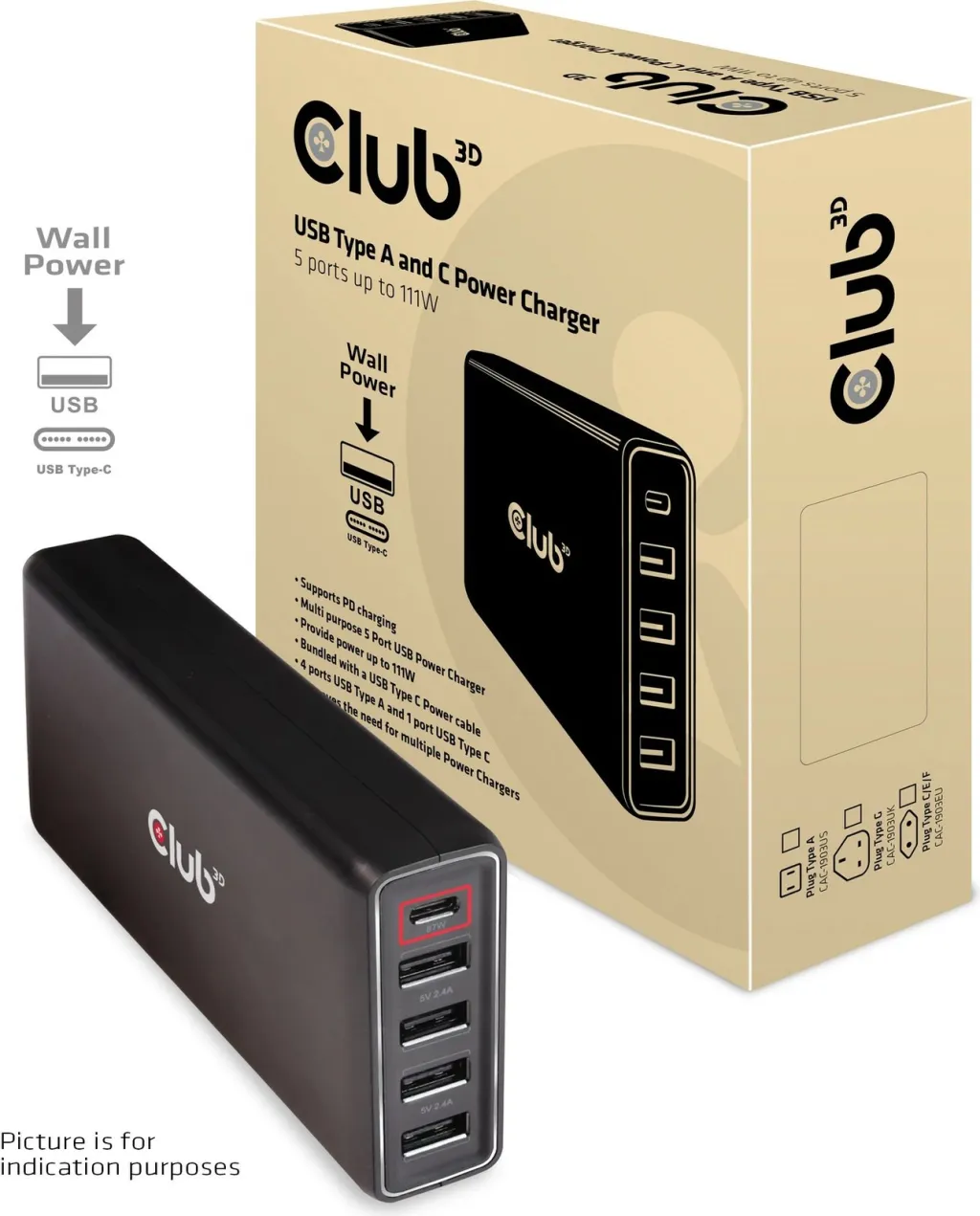 Karikues i shpejtë Club3D, 1x USB Type-C, 4x USB Type-A, 111W, i zi - 1