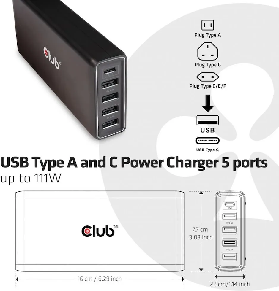 Karikues i shpejtë Club3D, 1x USB Type-C, 4x USB Type-A, 111W, i zi - 5