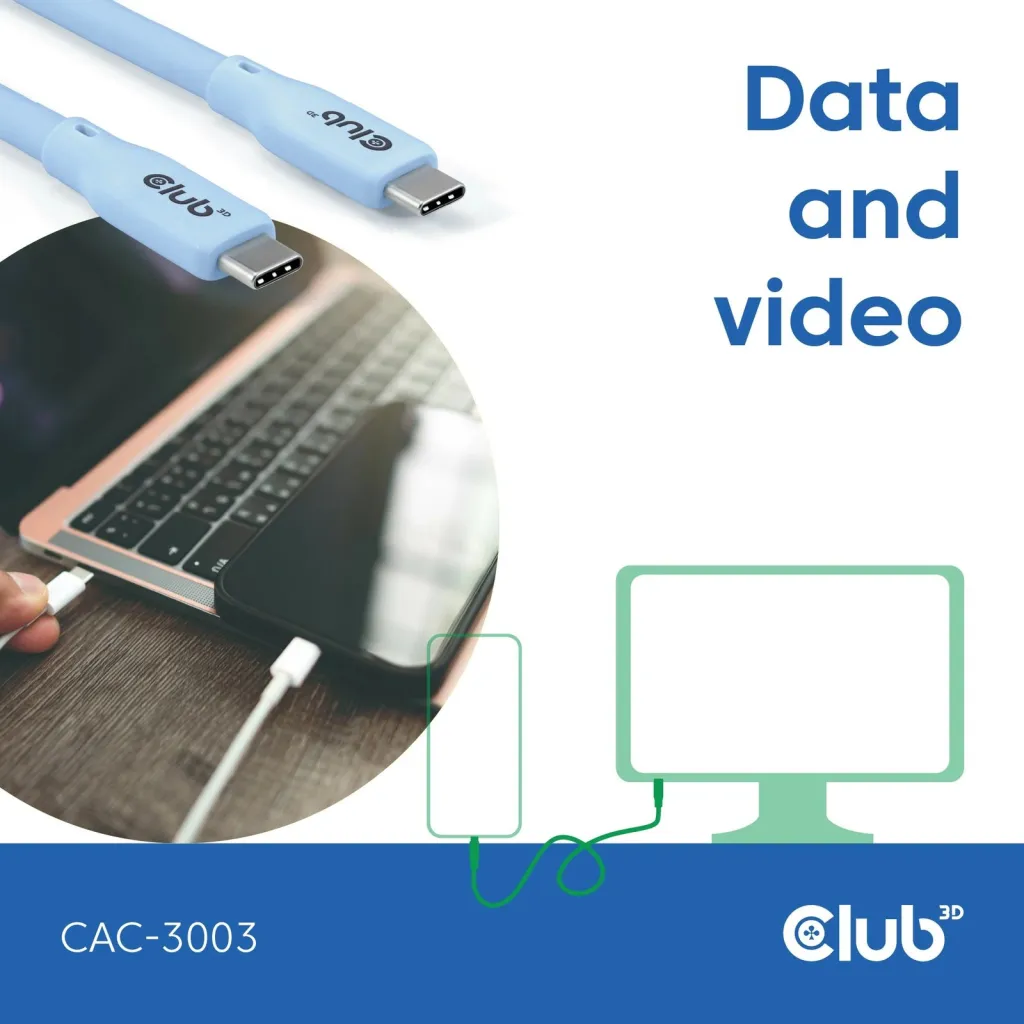 Kabllo USB-C Club3D CAC-3003, 2m, 240W, 20Gbps, blu - 5