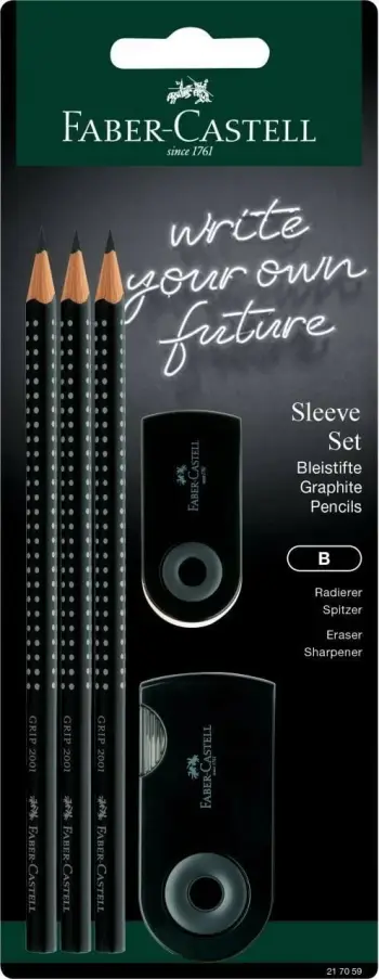 Set lapsa grafiti Faber-Castell Sleeve, 3 copë, B, me gomë dhe mprehëse, e zezë