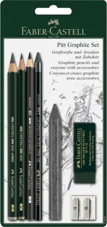 Set grafiti Faber-Castell Pitt Graphite, lapsa dhe shkopinj, me gomë e mprehës, i gjelbër