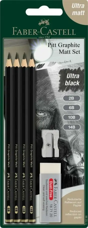 Set lapsa grafiti Faber-Castell Pitt Graphite Matt Ultra Black, 4 lapsa, 2B deri 14B, me aksesorë
