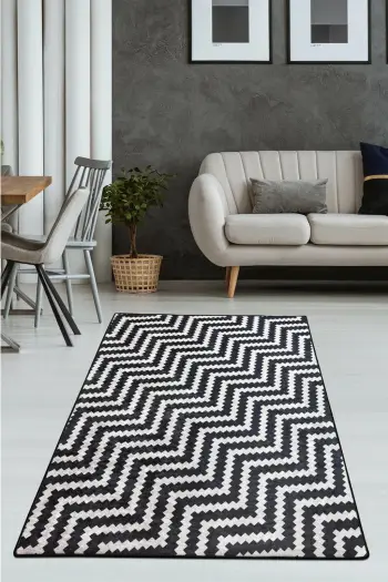 Qilim për korridor, 80x150cm, Conceptum Hypnose, model Zickzack, ngjyrë e zezë dhe e bardhë